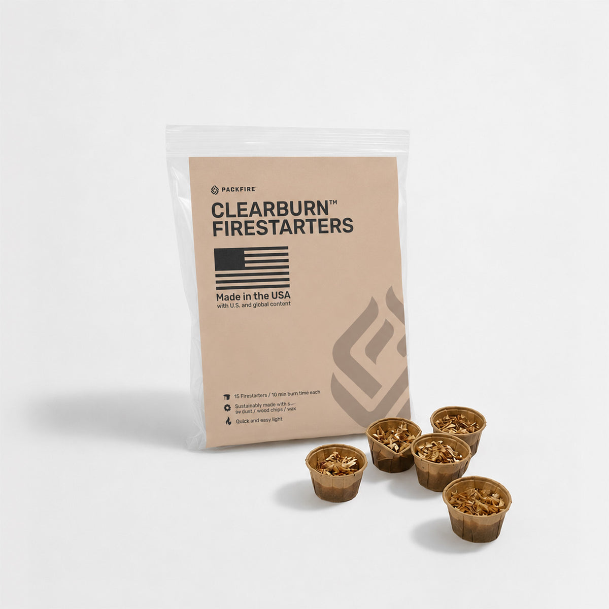 ClearBurn™ firestarters pouch with five foil cups of wood shavings