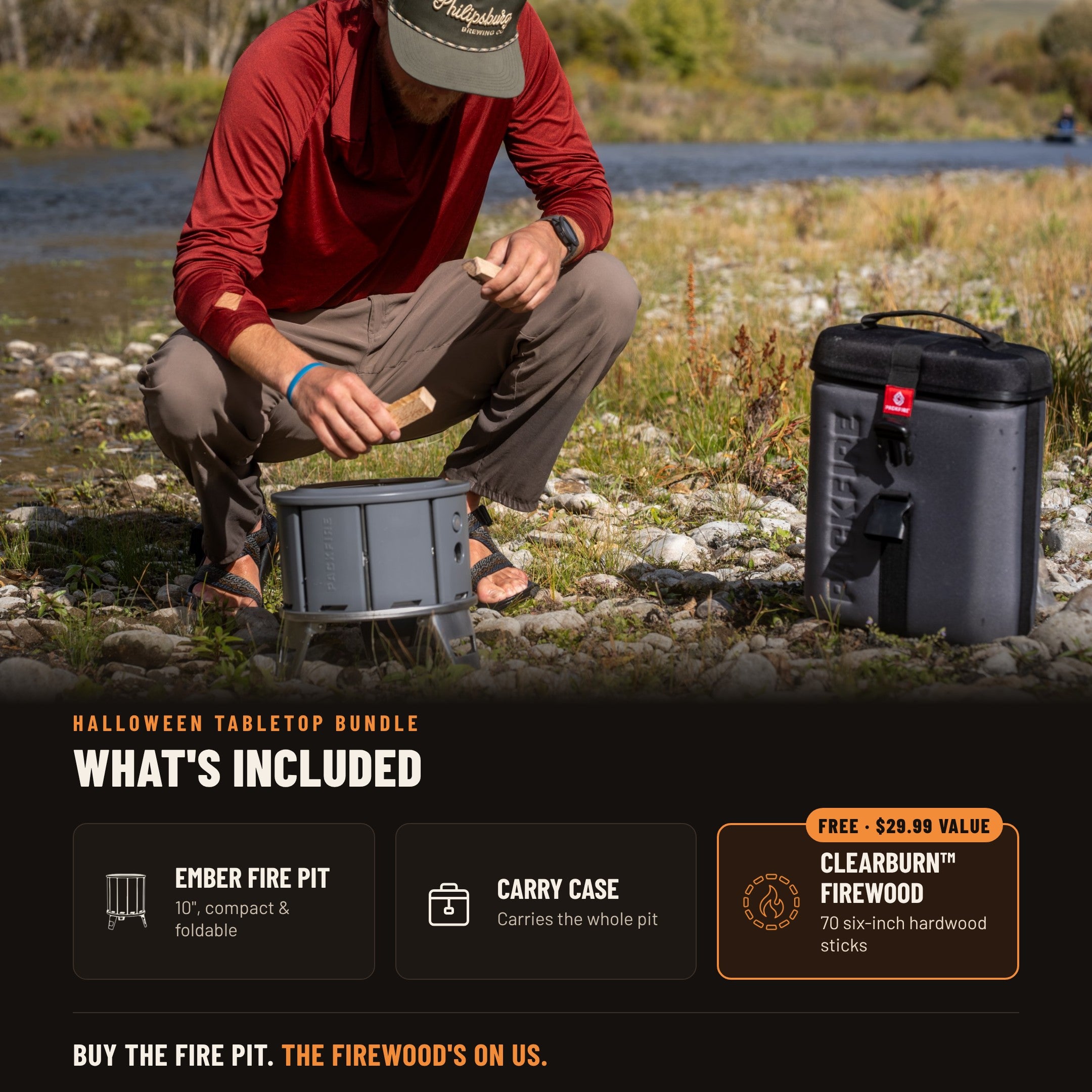 What's included in the Halloween Tabletop Bundle: Ember fire pit, carry case, and ClearBurn Tabletop Firewood free, a $29.99 value